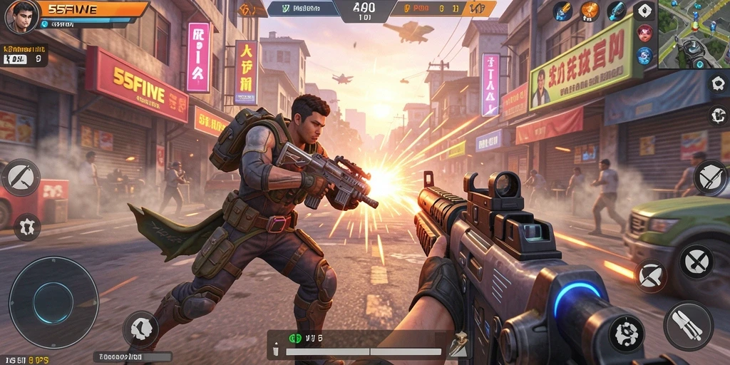 Screenshot utama 55FIVE menampilkan pertarungan seru dalam mode TPS.