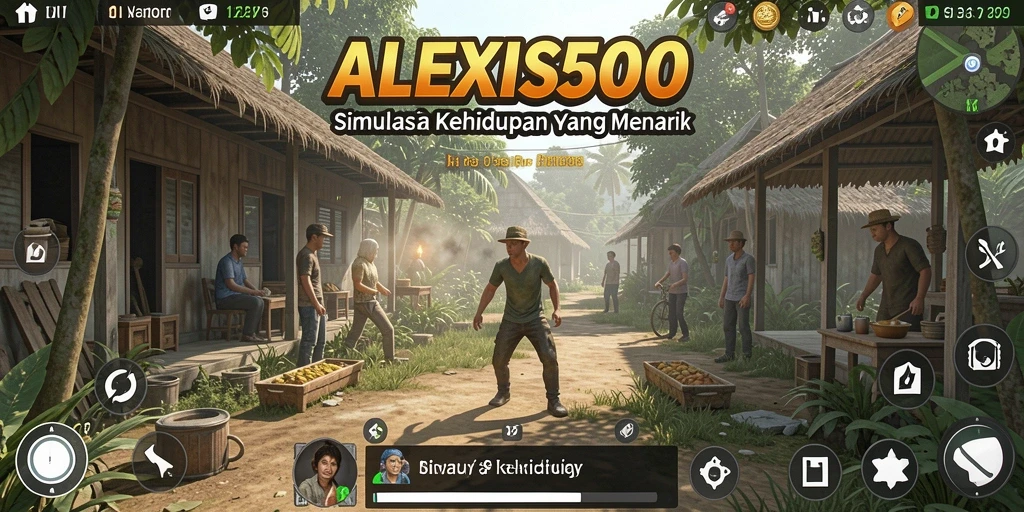 Tampilan gameplay ALEXIS500 yang penuh warna dan aktivitas.
