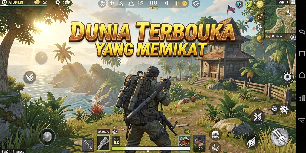 Tampilan gameplay ATOM138 dengan petualangan yang seru di dunia terbuka.