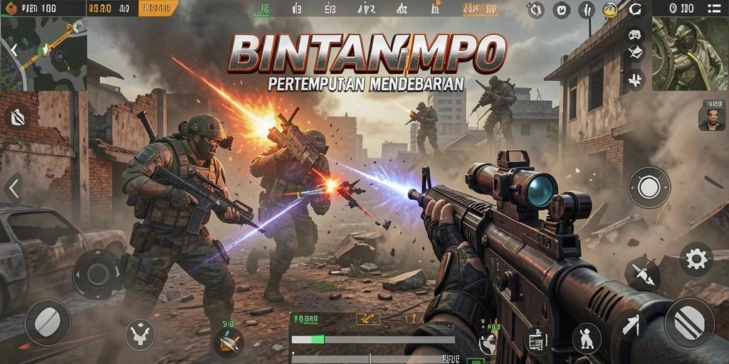 Screenshot utama BINTANGMPO menunjukkan aksi tembak-menembak yang intens.