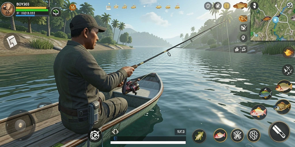 Screenshot utama BOY303 menampilkan gameplay seru saat memancing.