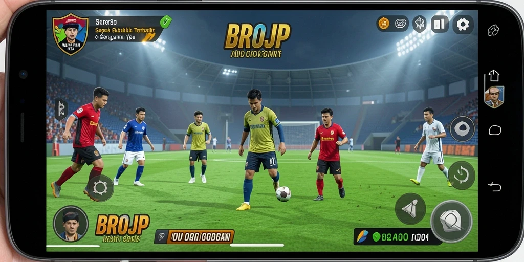 Tampilan gameplay BROJP yang menunjukkan aksi di lapangan sepak bola.