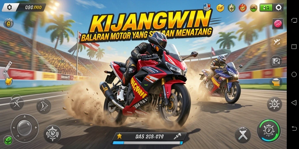 Tampilan gameplay seru dari KIJANGWIN dengan aksi balapan motor.