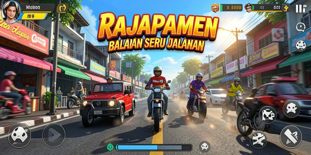 Tampilan seru dari gameplay RAJAPAMEN yang menampilkan aksi balapan.
