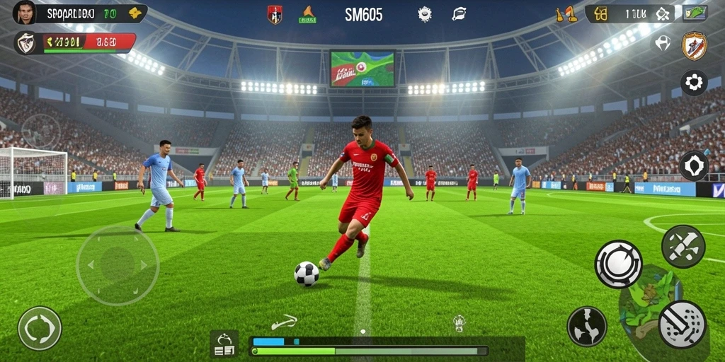 Screenshot gameplay SM605 menampilkan aksi seru pada lapangan sepak bola.